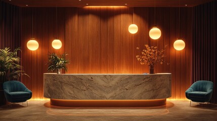 Modern Hotel Lobby with Marble Reception Desk and Warm Lighting