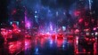 © gen_pick - Cyberpunk City Streets with Neon Lights and Rainy Foggy Atmosphere
