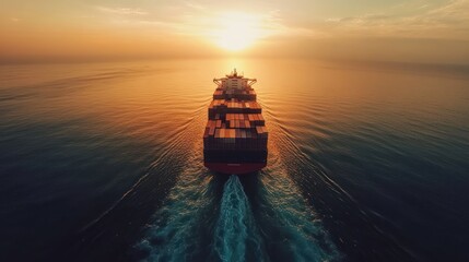 Poster - Cargo Ship Sailing at Sunset