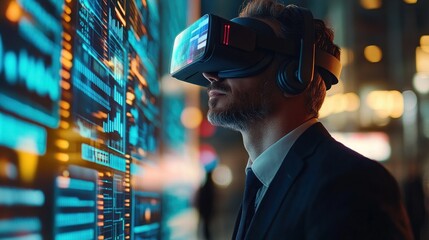 Wall Mural - Man Wearing VR Headset Immersed in Digital World