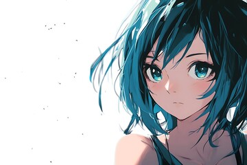 Anime girl with blue hair and green eyes on white background