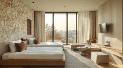 Poster - Modern Hotel Room with Minimalist Design and City View