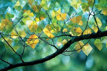 Wall Mural - Abstract Close-Up of Tree Branch with Yellow and Green Leaves