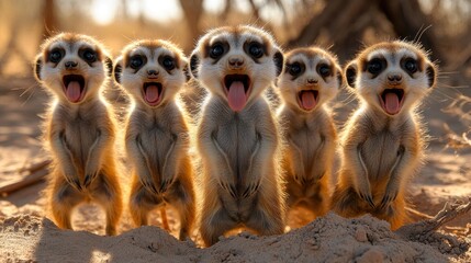 Wall Mural - Five Meerkats With Their Mouths Open