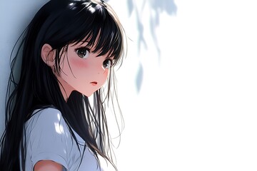 Wall Mural - Anime girl with long black hair looking away from camera in soft lighting