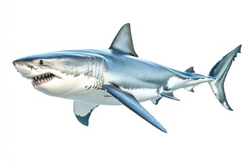 Wall Mural - great white shark - Carcharodon carcharias - full view while swimming, face and teeth visible isolated on white background all fins and gills showing, ai