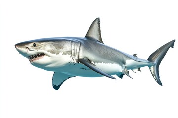 Wall Mural - great white shark - Carcharodon carcharias - full view while swimming, face and teeth visible isolated on white background all fins and gills showing, ai