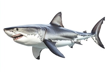 Wall Mural - great white shark - Carcharodon carcharias - full view while swimming, face and teeth visible isolated on white background all fins and gills showing, ai