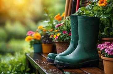 Poster - Green Rubber Boots on Wooden Bench