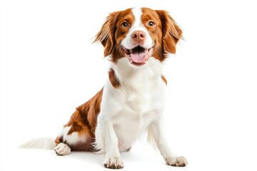 Wall Mural - Happy brittany spaniel dog panting and sitting on a white background, ai