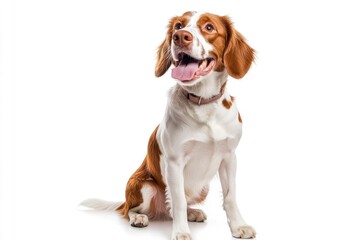 Wall Mural - Happy brittany spaniel dog panting and sitting on a white background, ai