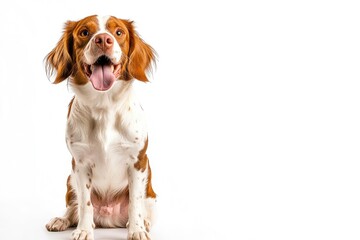 Wall Mural - Happy brittany spaniel dog panting and sitting on a white background, ai