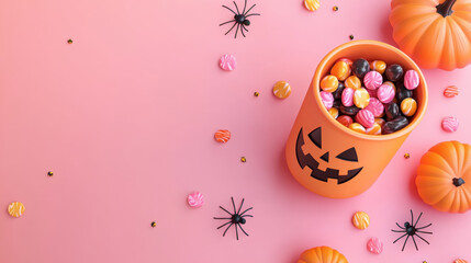 Wall Mural - Flat lay illustration with whimsical jack-o-lantern 3D bucket surrounded by candies; pink background