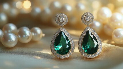 Stunning emerald and pearl earrings with a classic teardrop-shaped silhouette and a graceful elegant charm with free copy space