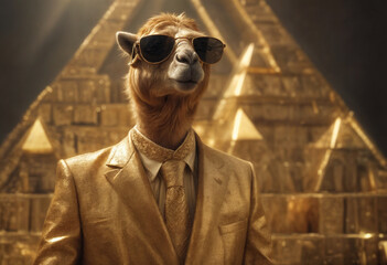 Wall Mural - fashionable camel in sunglasses and a suit against the background of a pyramid of gold bars