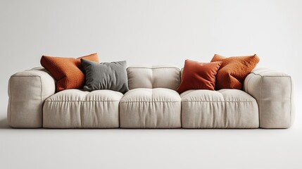 A modular sofa with clean lines and a neutral color palette, accented with a vibrant throw pillow.