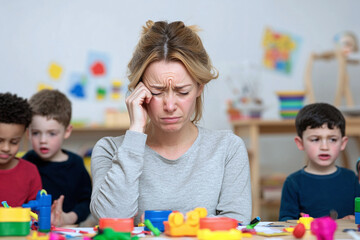 a stressed kindergarten teacher rubbing her temples while surrounded by chaotic, misbehaving childre
