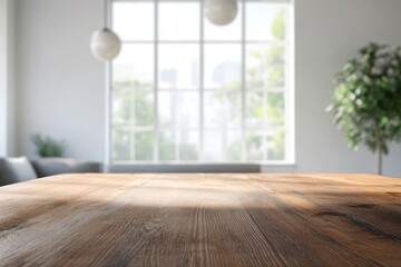 Empty table with minimalist clean living room background , ai