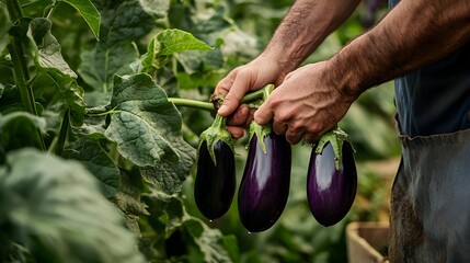 Wall Mural - Closeup View of Hands Picking Fresh Organic Eggplants in Vegetable Garden