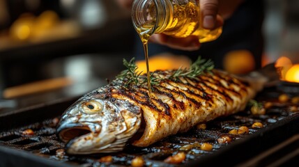 Wall Mural - Grilled fish being drizzled with oil and garnished with herbs.