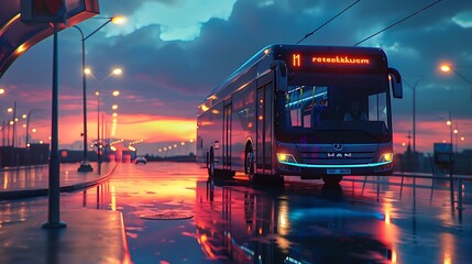 Modern tourist bus on the road at sunset