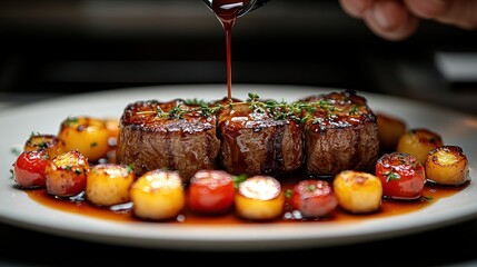 Wall Mural - Gourmet steak with colorful vegetables and sauce drizzle.