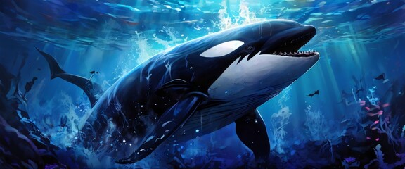 Wall Mural - A powerful orca glides through a deep blue underwater environment, surrounded by light beams and marine life. The scene captures the majesty and mystery of the ocean's depths, highlighting the orca's