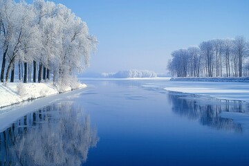 Wall Mural - Frost-Covered Trees Reflecting in a Frozen River