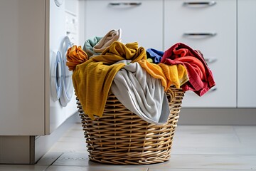 Wicker basket with dirty clothes in laundry room