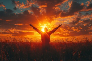 Poster - Silhouette of a Man with Arms Raised in the Sunset