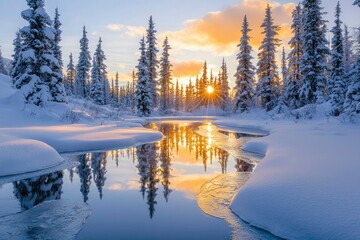 Wall Mural - Snow-covered trees reflected in a frozen river with a glowing sunset