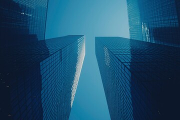 Poster - Three Modern Glass Skyscrapers Against a Clear Blue Sky