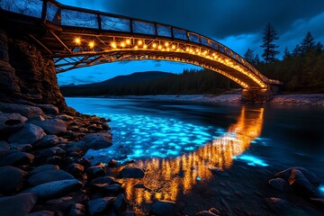 A haunted bridge where the water below glows with an eerie light on moonless nights