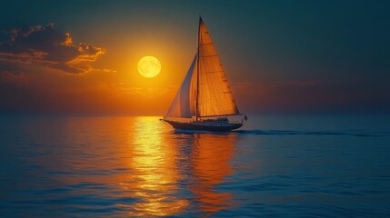 Wall Mural - A serene sunset with a sailboat gliding across calm waters.