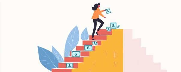 Financial independence journey, person climbing stairs with money symbols, modern flat design, isolated on white background