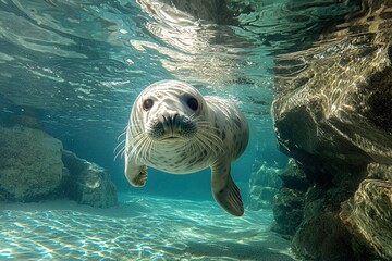 Wall Mural - Underwater Portrait of a Curious Grey Seal