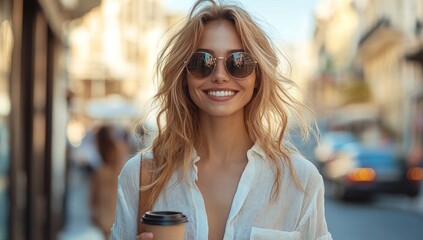 Wall Mural - Smiling Woman with Coffee