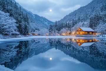 Wall Mural - Snow-Covered Cabin and Mountain Reflection in a Frozen Lake