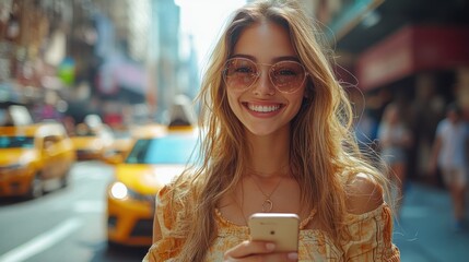 Canvas Print - Smiling Woman with Phone in NYC