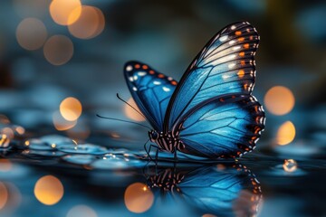 Wall Mural - A Blue Morpho Butterfly Resting on Water with Bokeh Lights