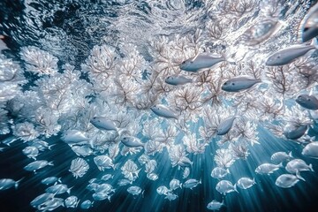 Wall Mural - A School of Fish Swimming Through Underwater Plants