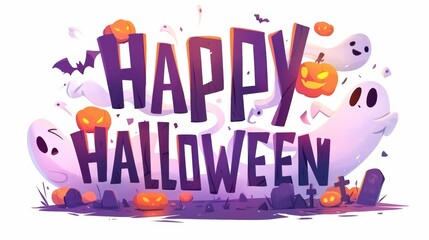 A festive Halloween graphic with ghosts, pumpkins, and tombstones.