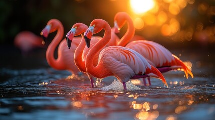 Wall Mural - Flamingos at Sunset