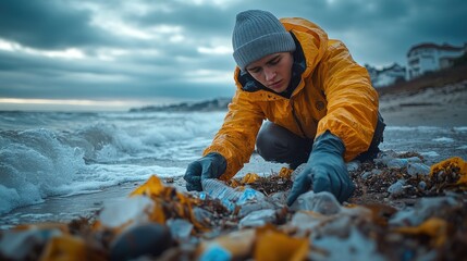 Volunteer cleaning beach