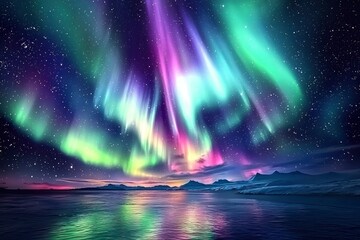 Wall Mural - Aurora Borealis Reflecting on a Calm Arctic Ocean