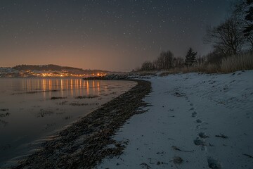 Wall Mural - Snowy Shoreline Under a Starry Night Sky with City Lights in the Distance