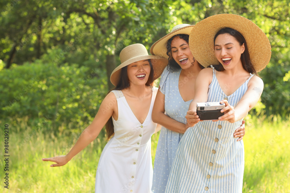 Female friends taking selfie on picnic in park