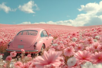 Poster - Pink Classic Car in a Field of Flowers