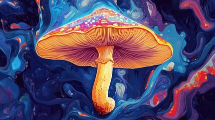 Trippy 2d illustration featuring a surreal mushroom Unique artwork for cards posters banners t shirts pins badges and patches