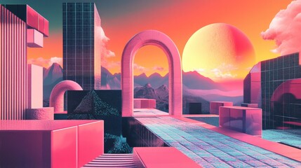 Wall Mural - Surreal landscape featuring geometric shapes cubes and arches in a vaporwave neo Memphis style illustration